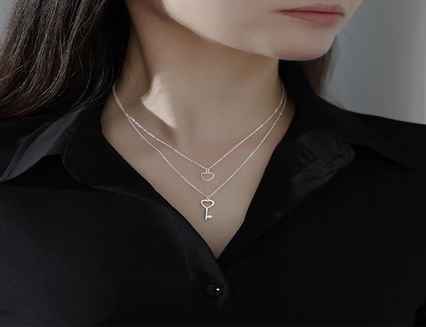 

ladies silver two layered necklace wedding jewelry bridal accessories lock heart shape neck hoop 925 sterling silver in stoc4477843, White