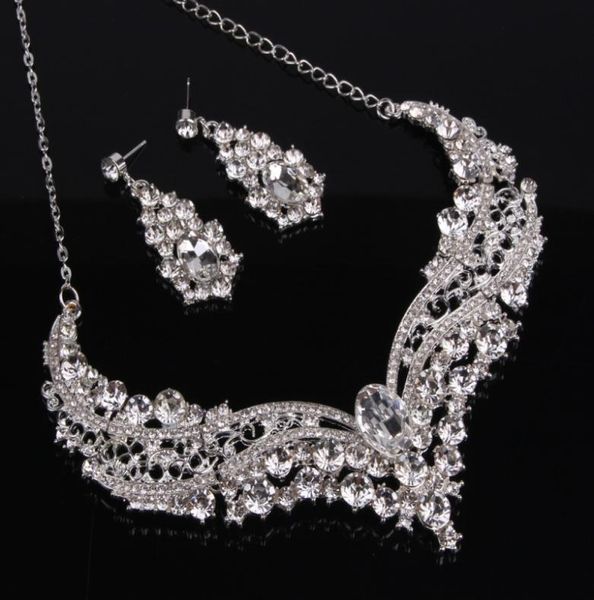 

silver luxury bridal jewelry set with crystals women necklace stud earrings for bride bridesmaids evening prom party accessories5001856, White