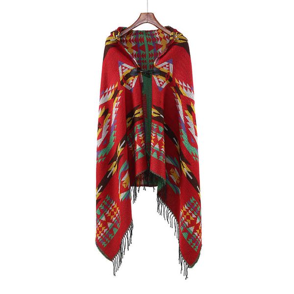 

and autumn winter new yunnan ox horn button ethnic style hat cape bohemian ethnic style hooded capezfz0, Red;brown