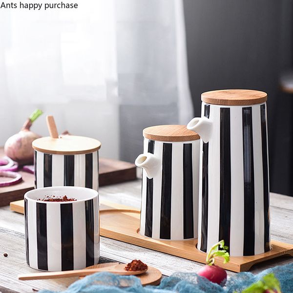 

Kitchen Storage Organization Nordic Black and White Stripes Ceramic Spice Jar Combination Set Salt Sugar Oil Soy Sauce Bottle Vinegar Pot Supplies 230627