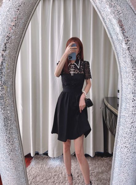 

auth self portrait polo black water soluble lace waistband short dress, Black;gray