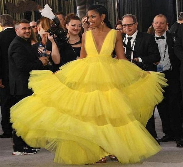 

yellow tiered tulle prom dresses deep v neck a line celebrity evening dress red carpet dress formal women gowns 20217152194, Black