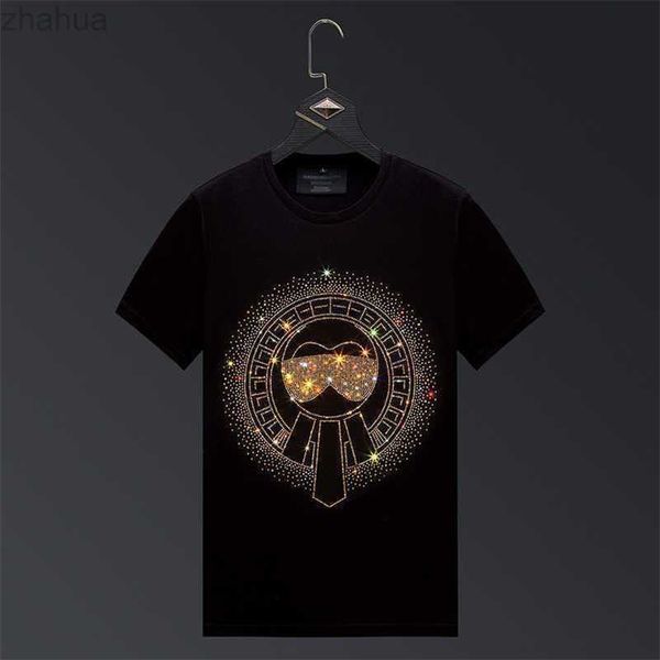

2023 new diamond short sleeve t-shirt men's trendy large men's casual half sleeve men's trendy silk cotton t-shirt, White;black