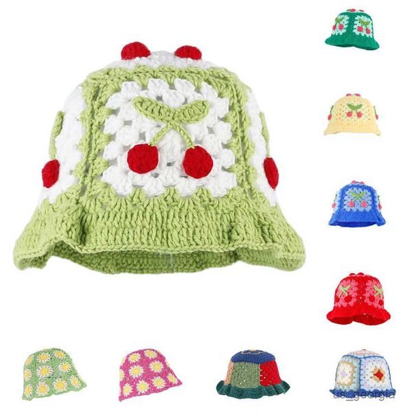 

caps 2023 handmade crochet flower bucket hat for girls travel beach caps design knitted hat winter beanie warm hat r230628, Blue;gray