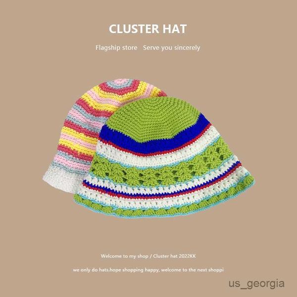 

caps women crochet bucket hat hollow stipped pattern knit bucket hat summer fashion outdoor straw wide brim sun hat r230628, Blue;gray