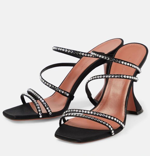 

summer luxury amina muaddi naima sandals shoes women crystals embellished strappy satin martini heel party dress wedding lady sandalias eu35, Black