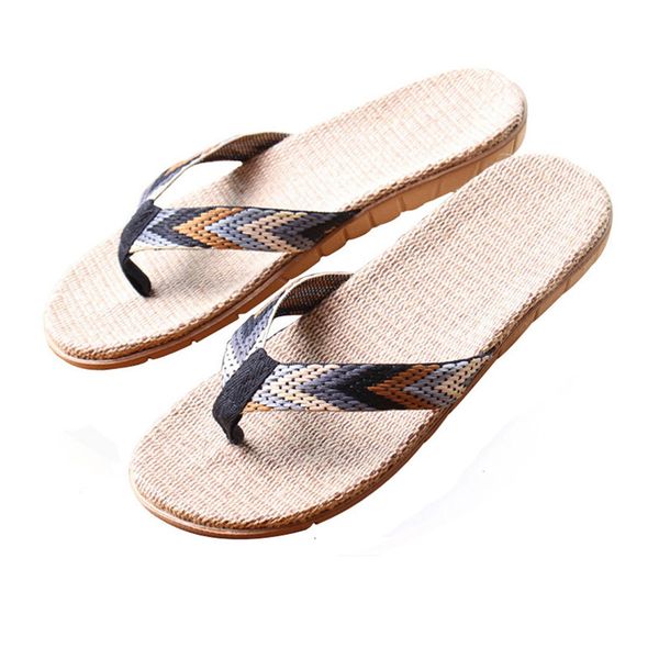 

slippers issacoco men's linen flip flops striped ribbon sandals flat eva nonslip slides home man casual straw beach shoes 230628, Black