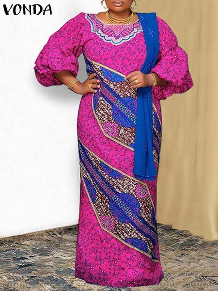 

plus size dresses size 5xl vonda dress 2023 women summer bohemian printed maxi sundress vintage lantern sleeve casual loose holiday robe 230, Black