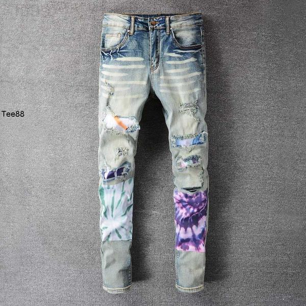 

trend amirs men's stitching color jeans hole patch slim fit leggings #692, Blue