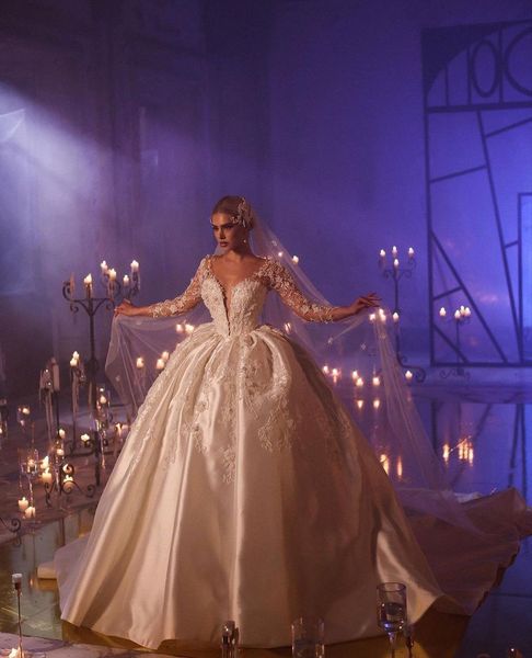 

stylish ball gown wedding dresses long sleeves v neck sequins 3d lace applique ruffles beads lace-up satin bridal gowns plus size custom mad, White