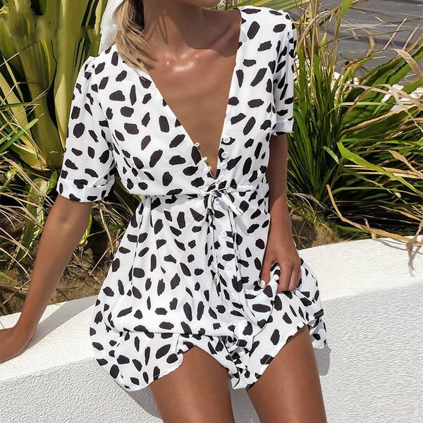 

basic casual dresses white sand spot mini summer dresse v neck beach sundress botton wrap bodycon dress female 230627, Black;gray