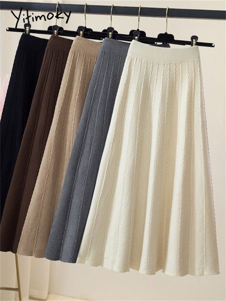 

skirts yitimoky autumn winter knitted skirt for women high waisted korean fashion a line casual skirts ladies thicken warm midi skirt 230628, Black