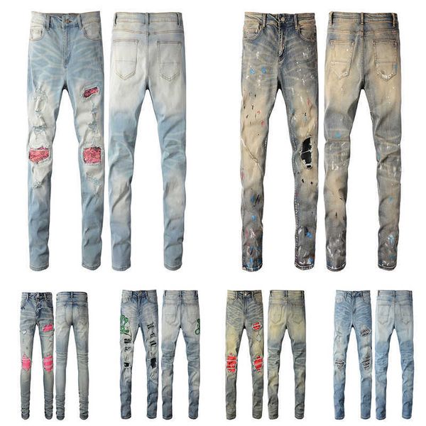 

mens designer jeans paige amirs fashion skinny straight slim non-elastic ripped design pants knee tear tight size 28-40 long style 2023 summ, Blue