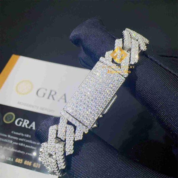 

stylish 12mm two row 925 solid silver iced out hip hop fire jewelry flawless moissanite cuban link chain bracelets