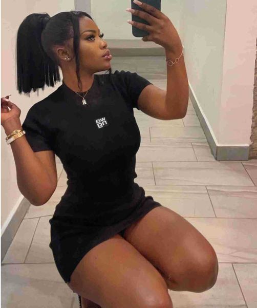 

designer 2023 women's aw dress printed letter casual wrap arm round wang neck short sleeve dress slimming trend, Black;gray