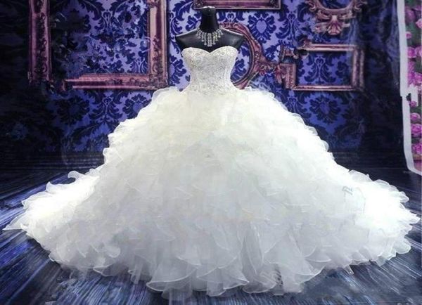 

luxury beaded embroidery ball gown wedding dresses princess gown corset sweetheart organza ruffles cathedral train bridal gowns ch2437618, White