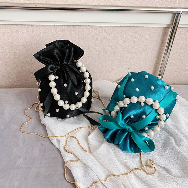 

evening bags brand shoulder bags for women luxury ladies handbag black bead pearl imitation silk female bucket crossbody bag 230627