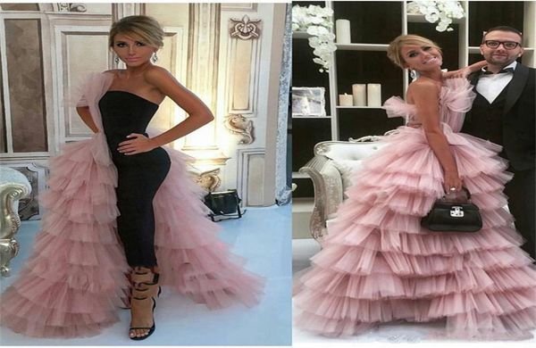 

2019 new fashion jumpsuits prom dresses with overskirt one side layered tulle skirt celebrity evening gowns women formal wear part4079123, Black;red