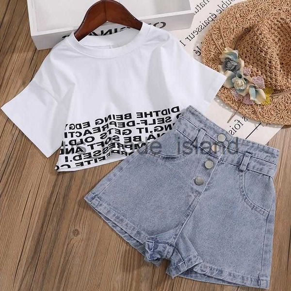 

t-shirts summer kids girls clothes set teen girl crop t-shirt + denim shorts 2pcs girl outfits baby girls clothing 4 7 10 to 12 year x0628, Blue