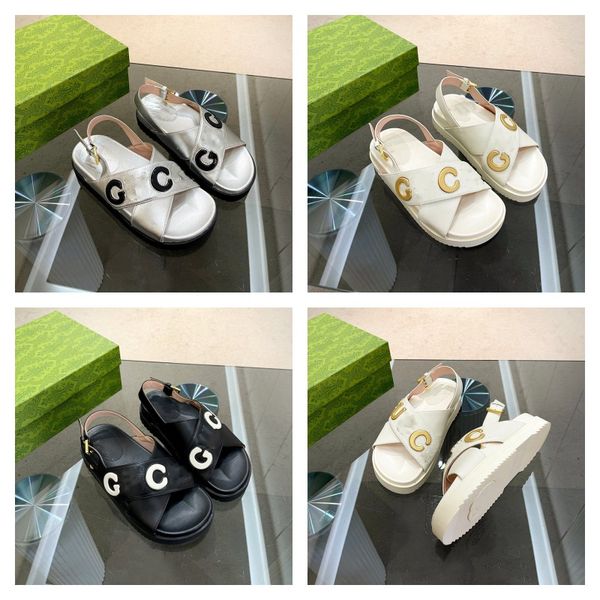 

thick bottom nappa sandals women men cross straps sandal slippers double letter g embossed platform mules slingbacks cowhide sandal interloc, Black