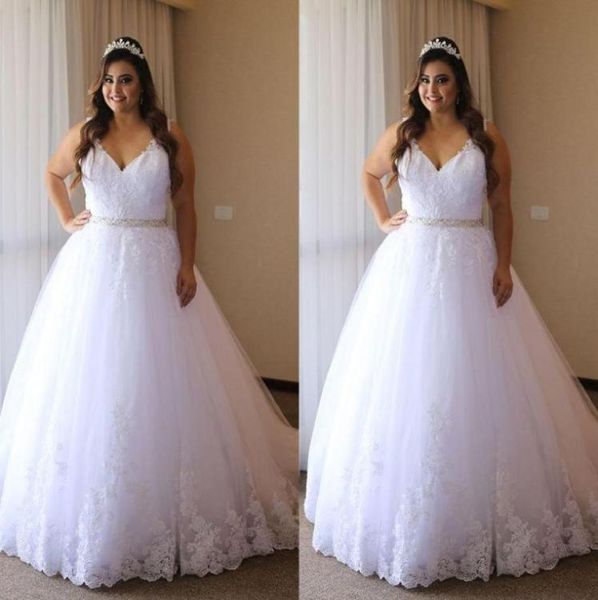 

2022 lace plus size wedding dress ball gown vneck spaghetti applique beaded waist bridal party dress wedding gowns vestidos de no4767459, White