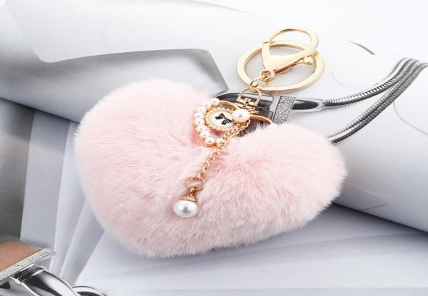 

autumn winter love imitation rabbit hair keychains pearl peach heart bag keyring plush accessories woolly ball car key pendant who2079914, Silver