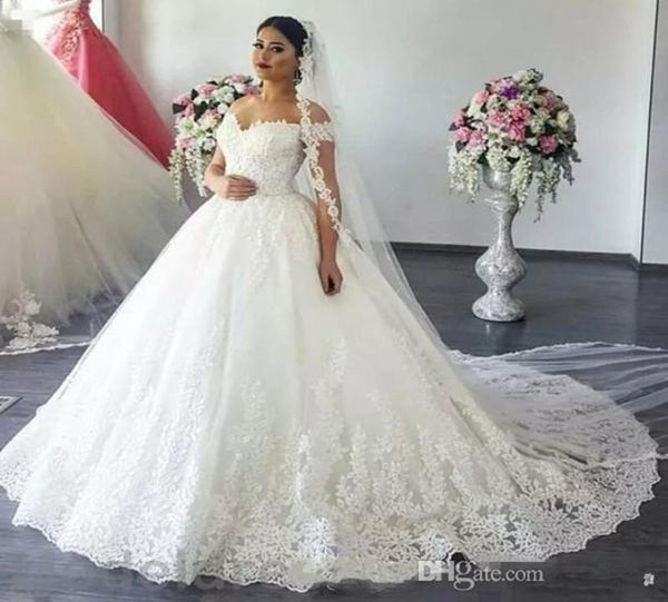 

2020 new luxury lace ball gown wedding dresses a line off shoulder sweep train bridal gowns with lace applique plus size wedding g5370575, White