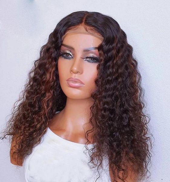 

ombre strawberry brown deep wave curly 360 frontal human hair wigs natural hairline bouncy curly 13x6 transprent hd lace wig6534106, Black