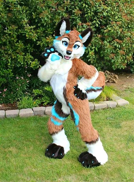 

halloween long fur husky dog fox fursuit furry mascot costume suit fancy dress outdoor outfit fur suit, Red;yellow