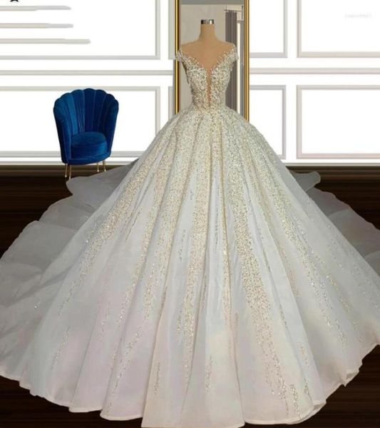 

wedding dress luxury beaded dresses with train off the shoulder glitter gowns pretty aline dubai bridal custom made1882443, White