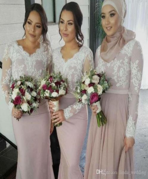 

2019 white lace bridesmaid dress long sleeves muslim garden formal wedding party guest maid of honor gown plus size custom m8012093, White;pink