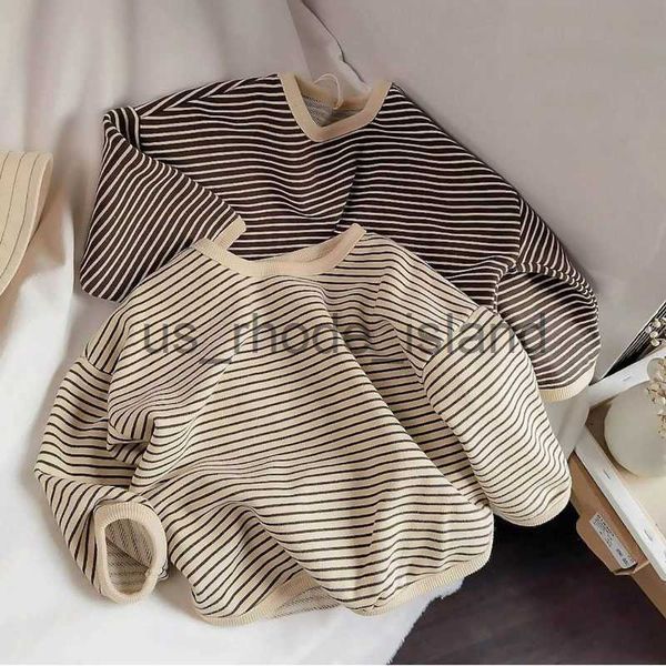 

t-shirts boys sweaters tees spring long sleeve korean loose striped children's t-shirts all-match bottoming girl shirts x0628, Blue