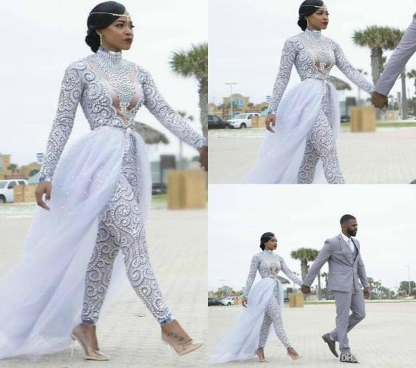 

2020 gorgeous jumpsuits with detachable train wedding dresses high neck beads crystal long sleeves modest wedding dress african br6578386, White