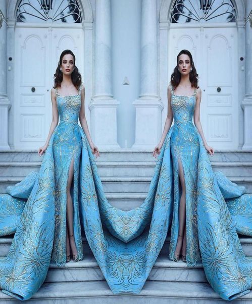 

custom made prom dress square neck side split gold sequins satin evening party dresses with detachable train2538607, Black