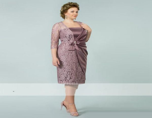 

elegant straight dusty purple mother of the bride dresses knee length lace satin guest wedding party gowns plus size short groom m2841138, Black;red