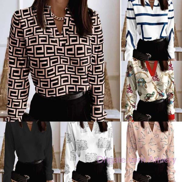 

designer casual women shirts blouses fashion v-neck long sleeve printed shirt blouse autumn clothing plus size 3xl, White