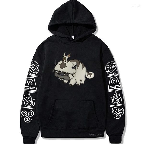 

style men's hoodies avatar the last airbender print men long sleeve fun appa manga graphics winter casual pullover pocket sweatshirts, Black