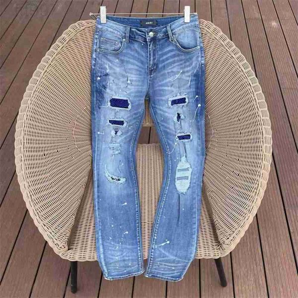 

men's jeans amirs designer fashion pants cool stylish leisure ripped brand hole beggar splash-ink diamond elastic versatile 58uo, Blue