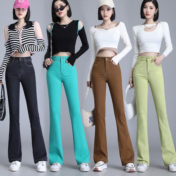 

colored jeans women's new 2023 elastic summer large size spring denim horn pants woman trouser, Blue