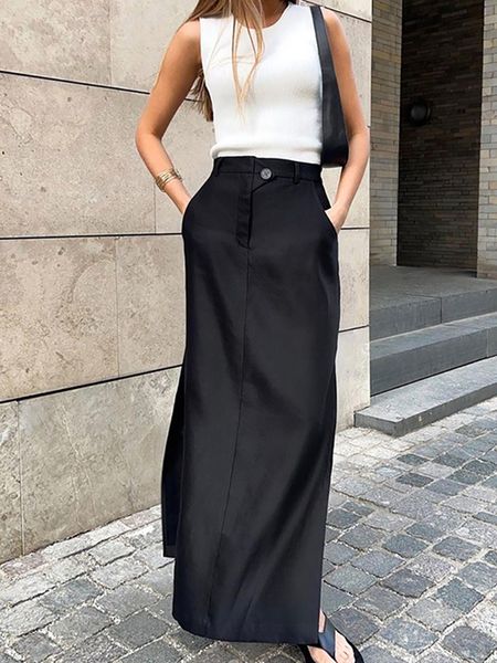 

skirts taruxy black skirt women autumn streetwear high waisted pencil long skirts dress femme casual split vintage silk skirt 230628