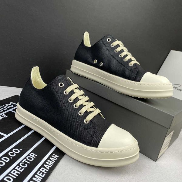 

rick korean version dark black trendy shoes 2023 spring/summer ro men's shoes street double thread low cut thick sole breathable canvas