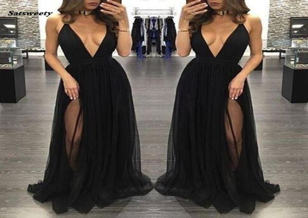 

new high side split tulle prom dresses black deep v neck long women skirts formal party evening gowns vestidos de baile7158242