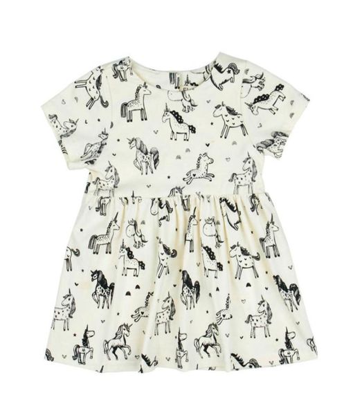 

children dress girl cartoon skirt round collar short sleeve waist button cardigan a sketch of a unicorn pinting 629185691, Red;yellow