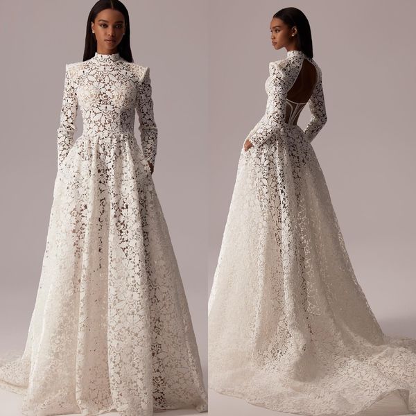 

milla nova bohemia a line wedding dresses for bride high neck lace wedding dress hollow back long sleeves designer bridal gowns, White