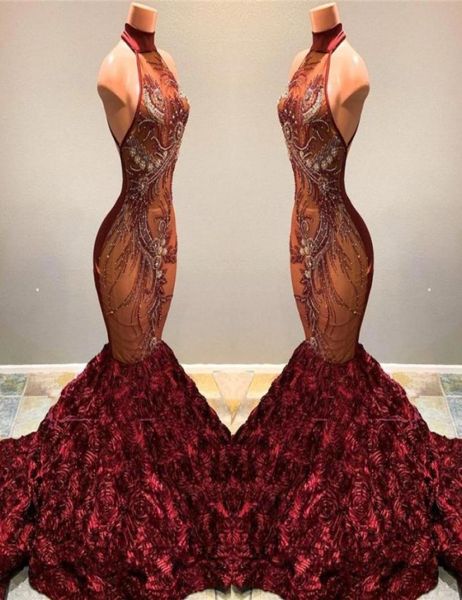 

2020 stunning african mermaid prom dresses burgundy long high neck beading crystal ruffles flowers women pageant party gowns 5538696, Black