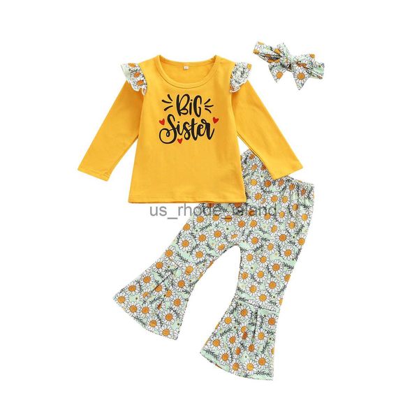 

t-shirts lioraitiin three piece girls clothes fashion letter long sleeve and sunflower flared pants with headband x0628, Blue