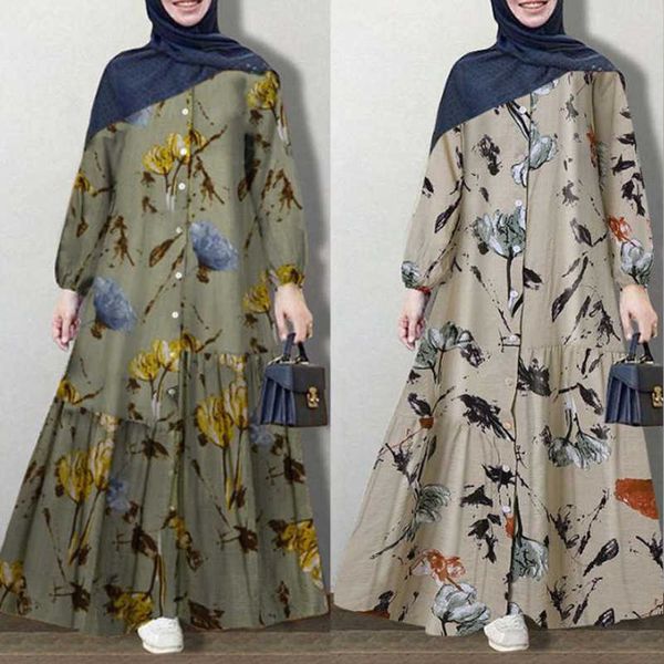

muslim cotton and linen printed round neck button bubble long sleeved rubber band cuffs fashion loose casual dress, Black;gray