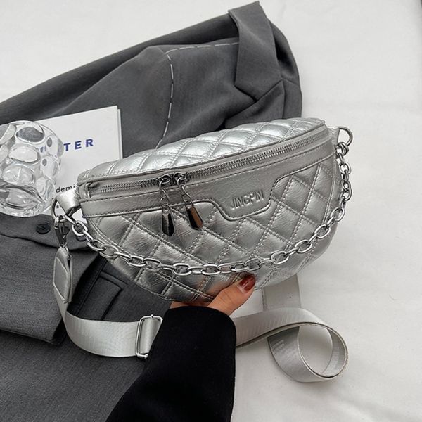 

waist bags stylish diamond lattice pu leather chain waist bag for women sewing thread fanny pack female waist pack crossbody chest bag 23062