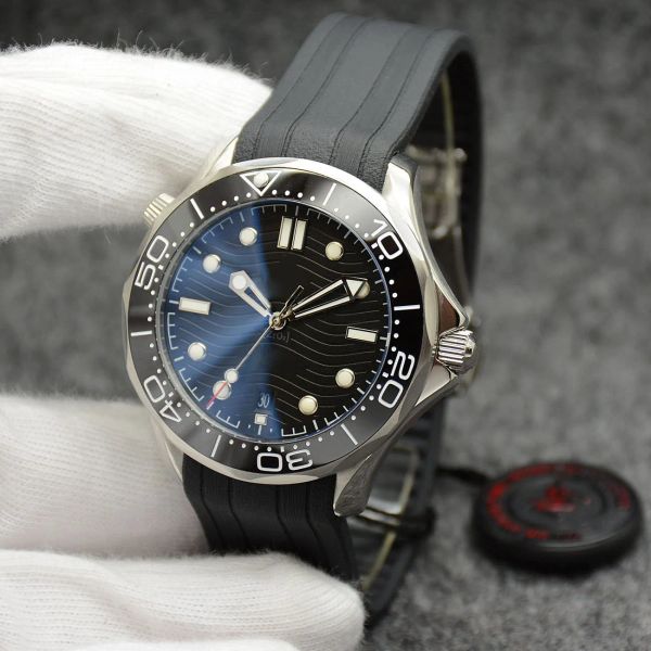 

42mm automatic mechanical outdoor mens watches watch black dial with black rubber band rotatable bezel and transparent case back, Slivery;golden