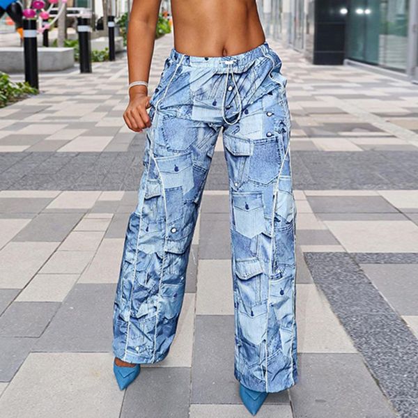

korean casual wide leg pants street fashion women multi-pocket blue washed cargo pants, Black